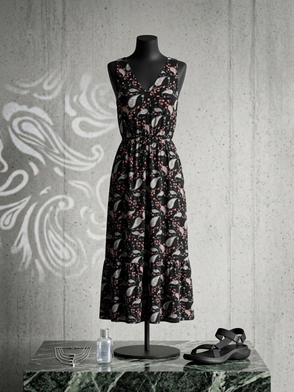Black Paisley Maxi Dress with Pink Accents